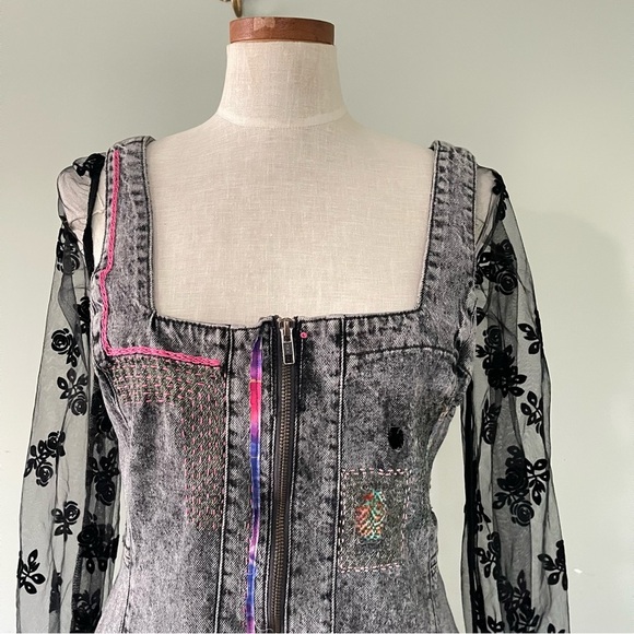 We The Free Upcycled denim overall dress Sashiko embroidered handmade size 12 - Picture 2 of 13